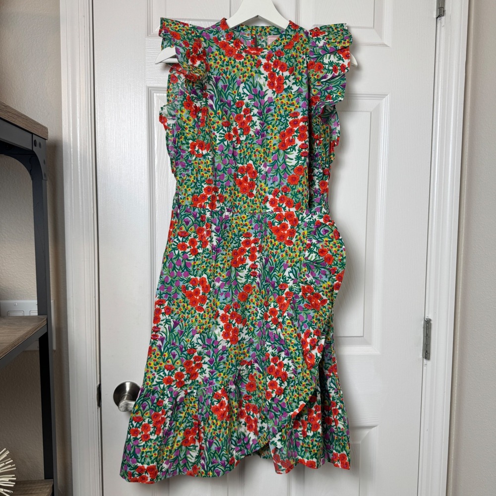 Banjanan Womens Small Floral Ruffle Sleeve Cotton Fit & Flare Mini Dress No Belt